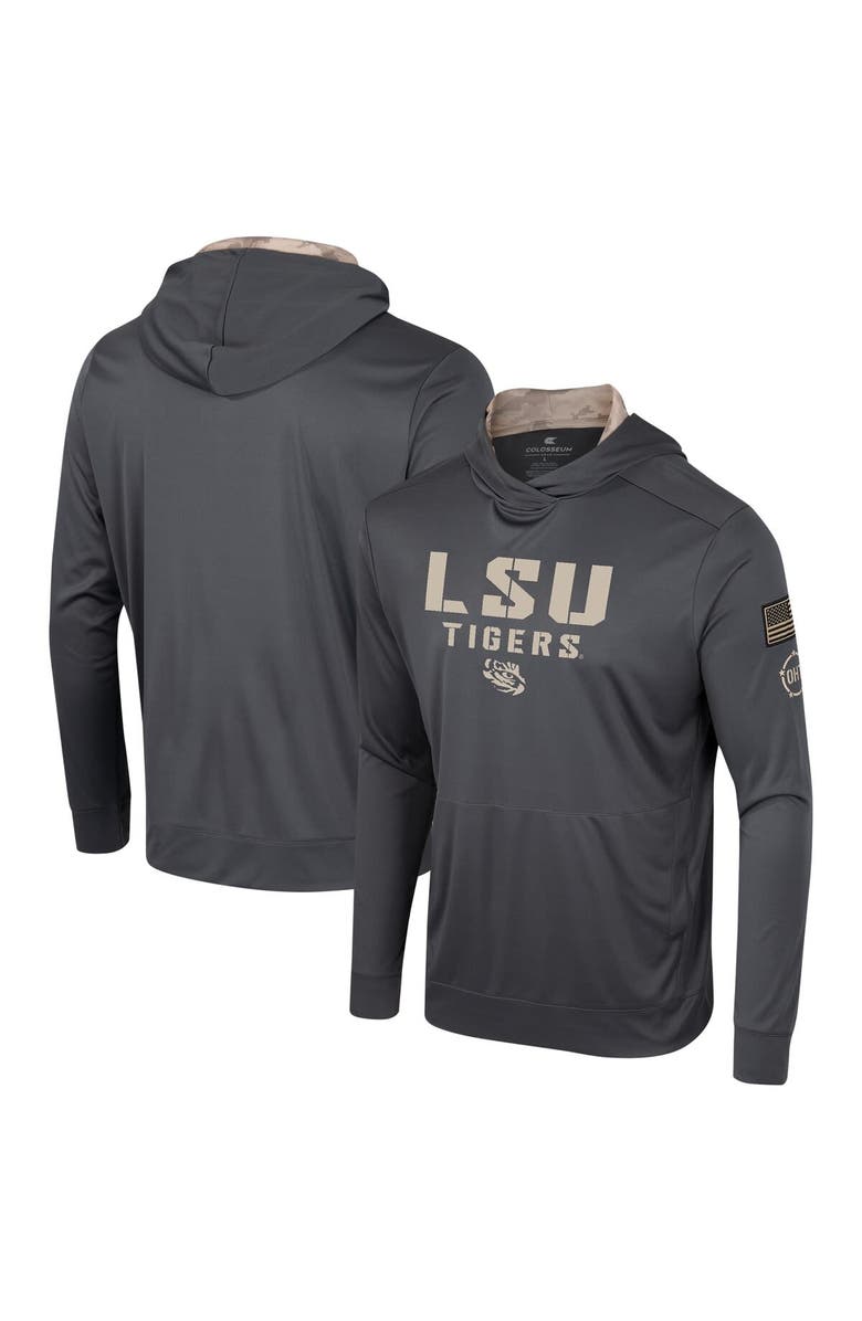 COLOSSEUM Men's Colosseum Charcoal LSU Tigers OHT Military Appreciation Long Sleeve Hoodie T-Shirt, Main, color, 