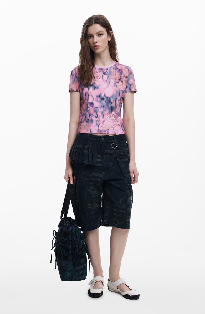 Desigual Floral Embellished Lace Inset Cotton T-Shirt, Alternate, color, Pink