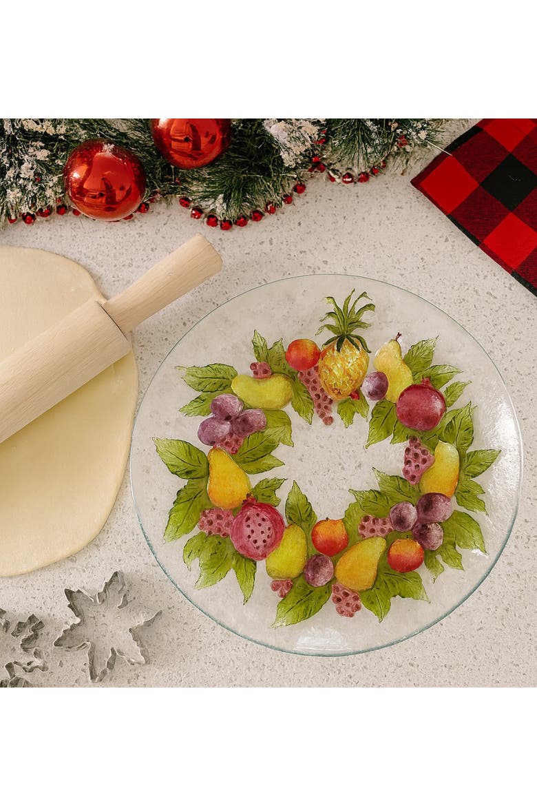 Holiday Fruit Wreath Glass Decorative Platter Plate Serving Dish, Alternate, color, Green