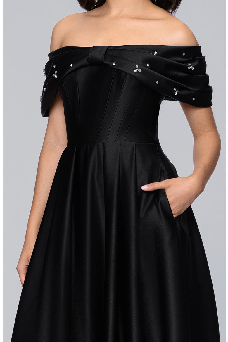 Rhinestone Off the Shoulder Satin Ballgown, Alternate, color, BLACK