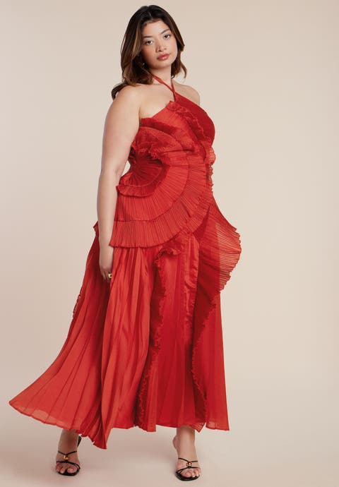 Pleated Ruffle Detail Gown (Plus)