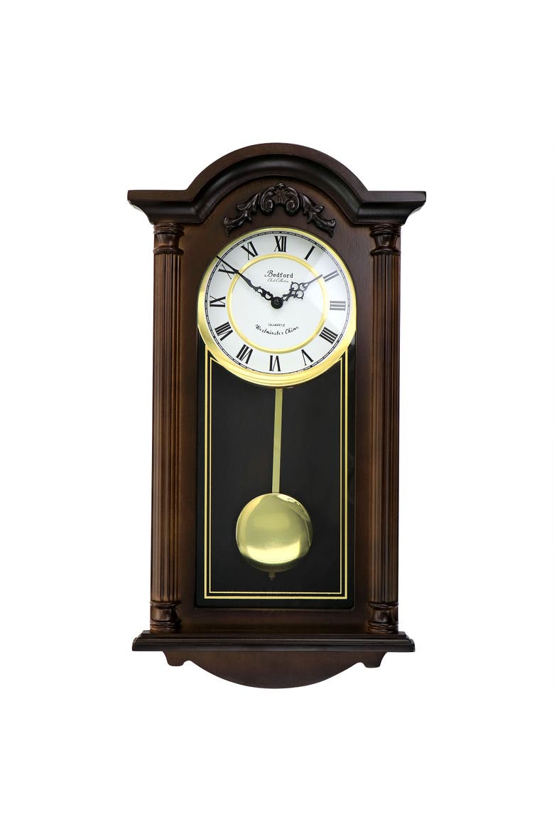 Noah 22in Chestnut Wood Chiming Pendulum Wall Clock, Main, color, Chestnut
