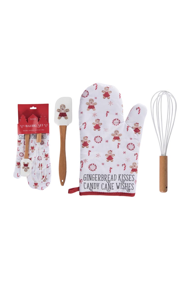 Transpac Gingerbread Kitchen Utensil Set Oven Mitt Spatula Whisk Red, Main, color, Red