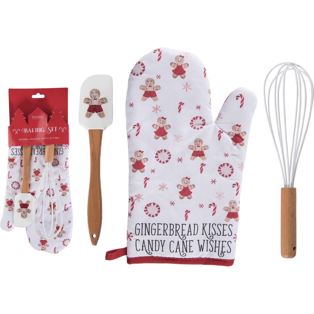 Transpac Gingerbread Kitchen Utensil Set Oven Mitt Spatula Whisk Red In Multi