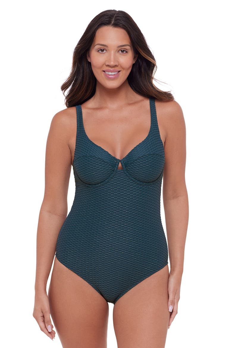 Smoothing and Sculpting Grid Textured Underwire One-Piece Swimsuit, Main, color, Dusk Blue