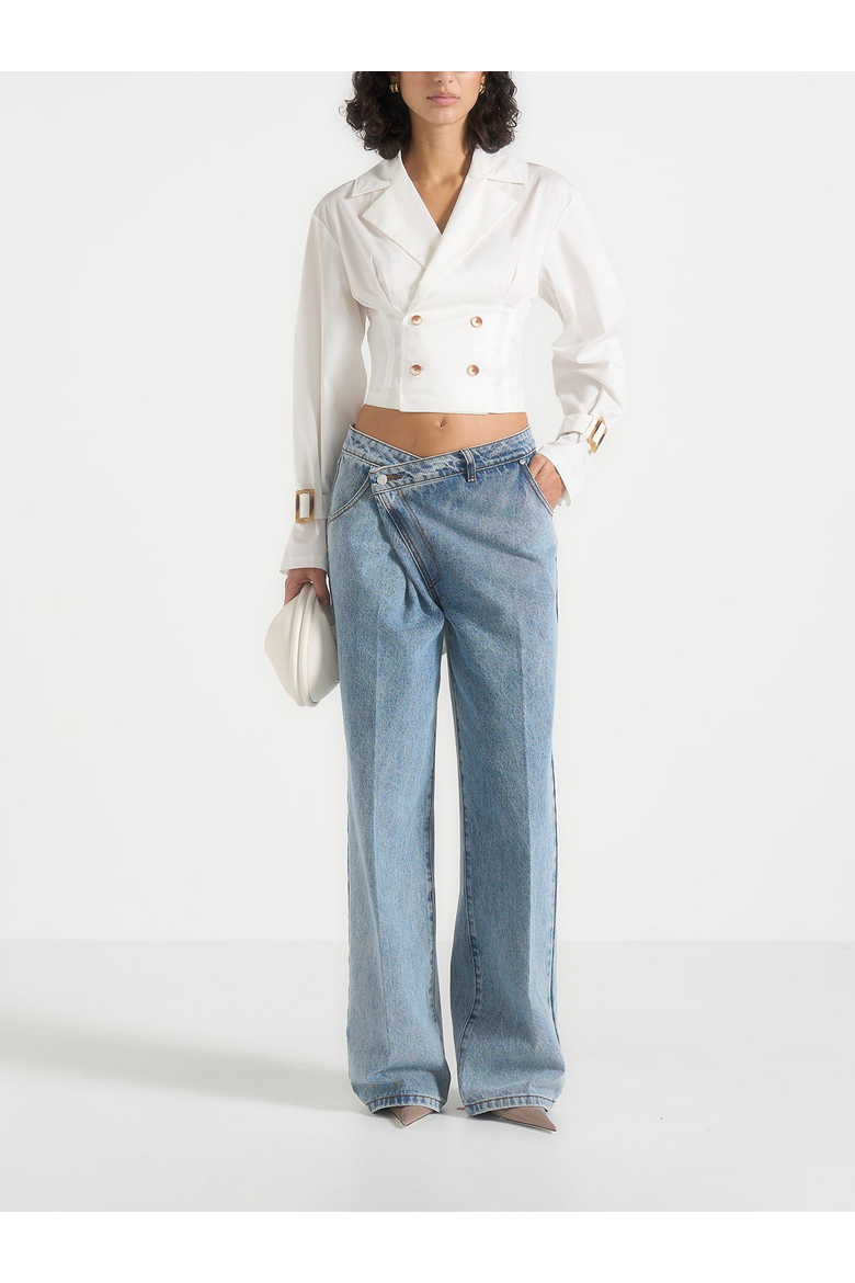 Andrea Double Breasted Cropped Shirt With Balloon Sleeves, Main, color, White