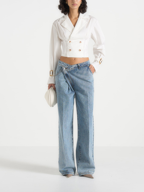 Andrea Double Breasted Cropped Shirt With Balloon Sleeves