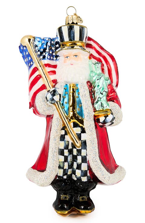 Santa with US Flag Glass Ornament