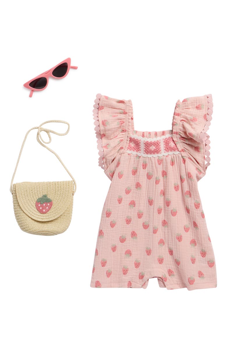 Rachel Zoe Strawberry Gauze Flutter Sleeve Romper, Purse & Sunglasses Set, Main, color, 