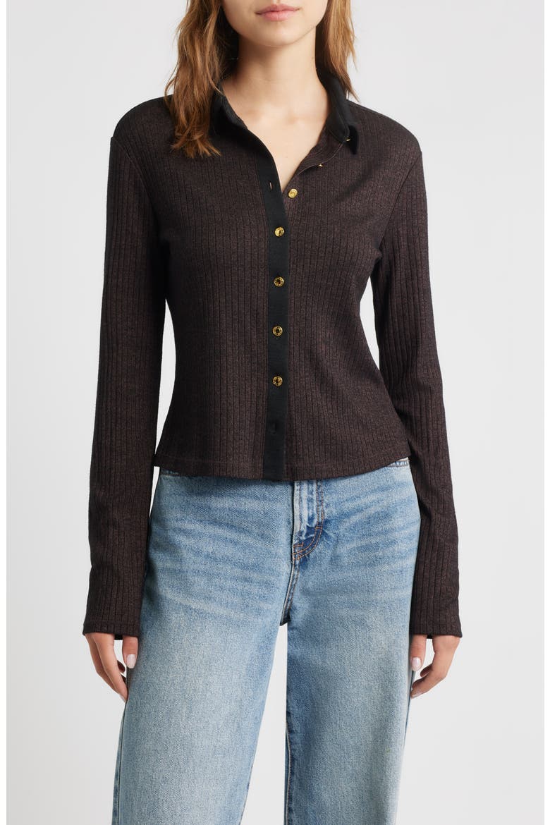 Contrast Trim Rib Button-Up Shirt, Main, color, DARK BROWN