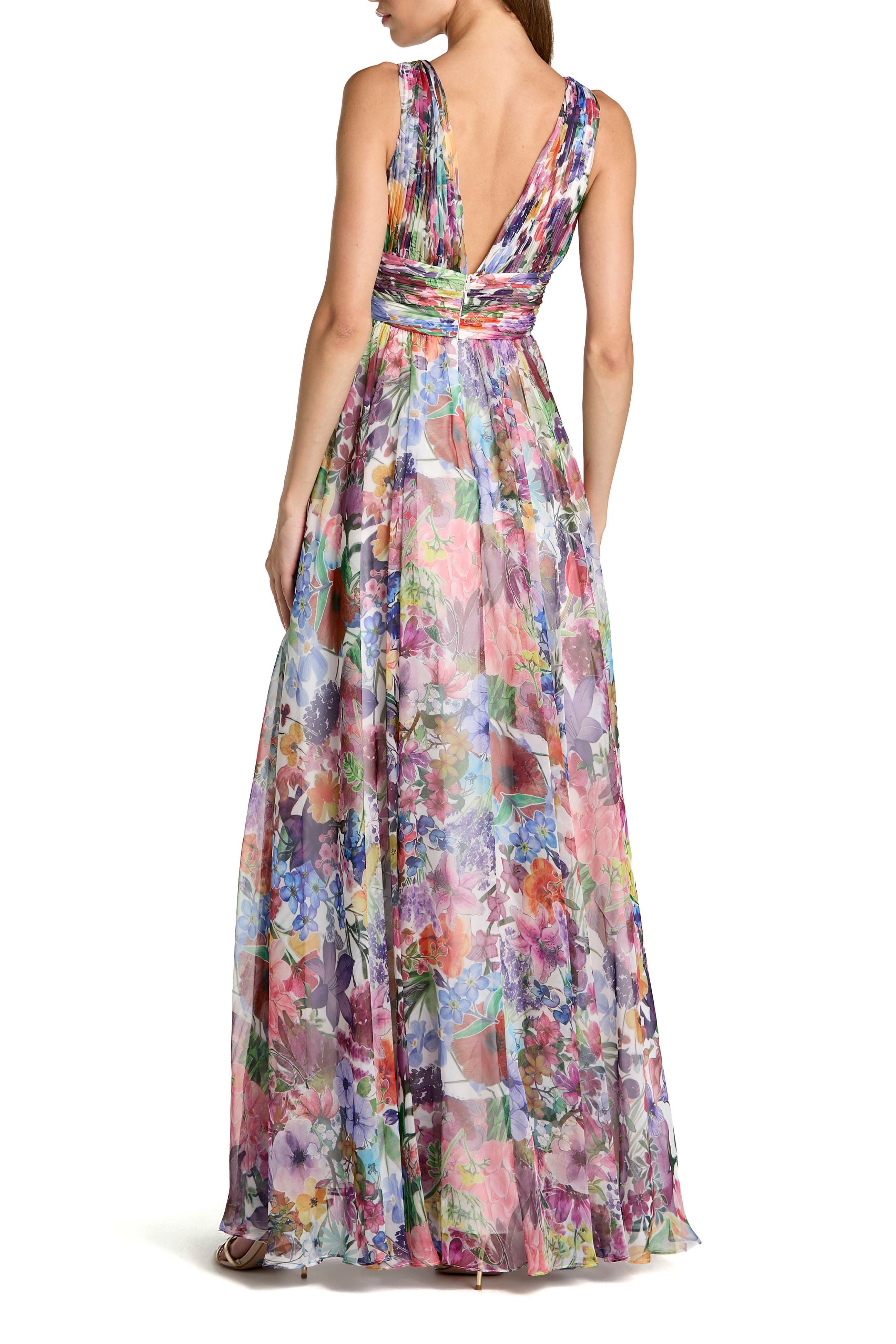 Sleeveless Printed Chiffon V-Neck Ruched Waist Gown - image 2