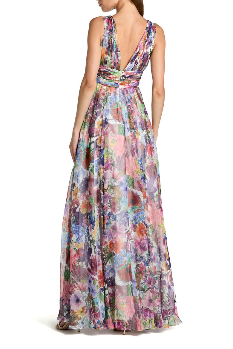 Sleeveless Printed Chiffon V-Neck Ruched Waist Gown, Alternate, color, Multi