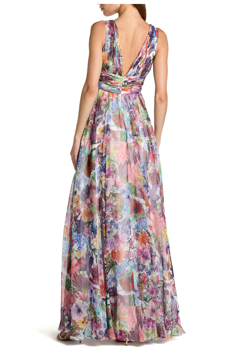 Mac Duggal Sleeveless Printed Chiffon V-Neck Ruched Waist Gown, Alternate, color, Multi
