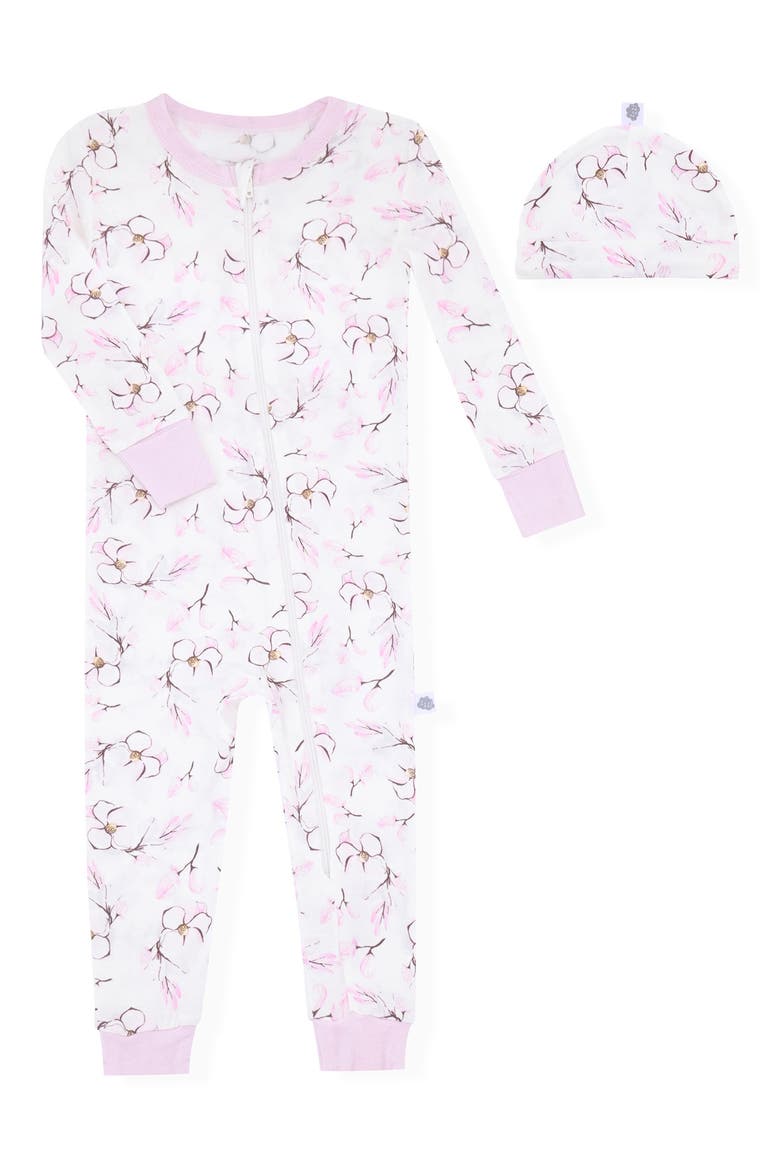 Floral Long Sleeve Zip Romper & Cap Pajamas, Main, color, WHITE