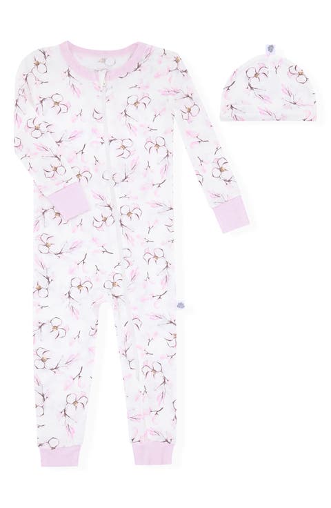 Floral Long Sleeve Zip Romper & Cap Pajamas