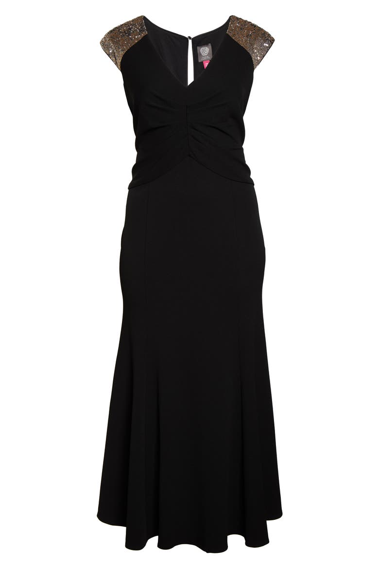 Sequin Yoke Scuba Crepe Trumpet Gown, Alternate, color, BLACK GOLD