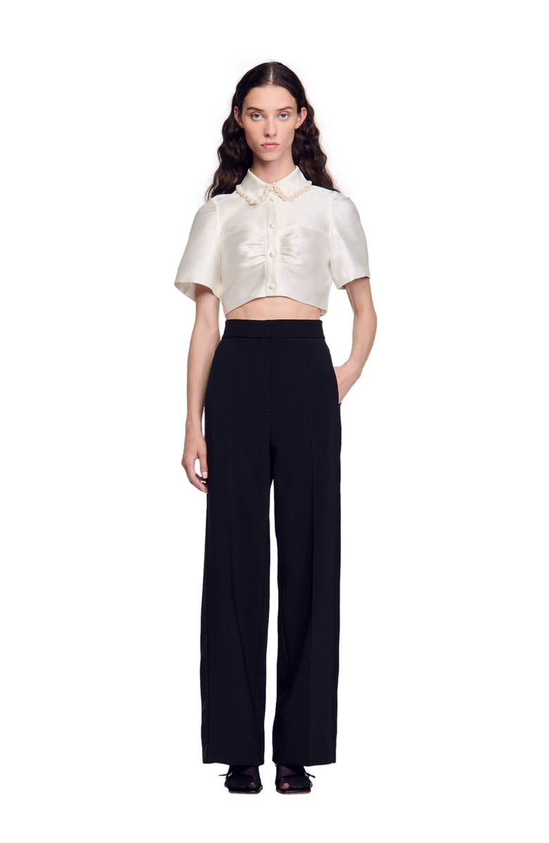 SANDRO Beaded satin-effect cropped shirt, Alternate, color,