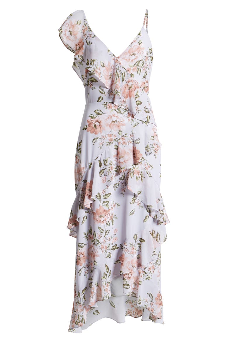 Morgana Floral Tiered Ruffle Asymmetrical Sleeve Maxi Dress, Alternate, color, DUSTY BLUE FLORAL