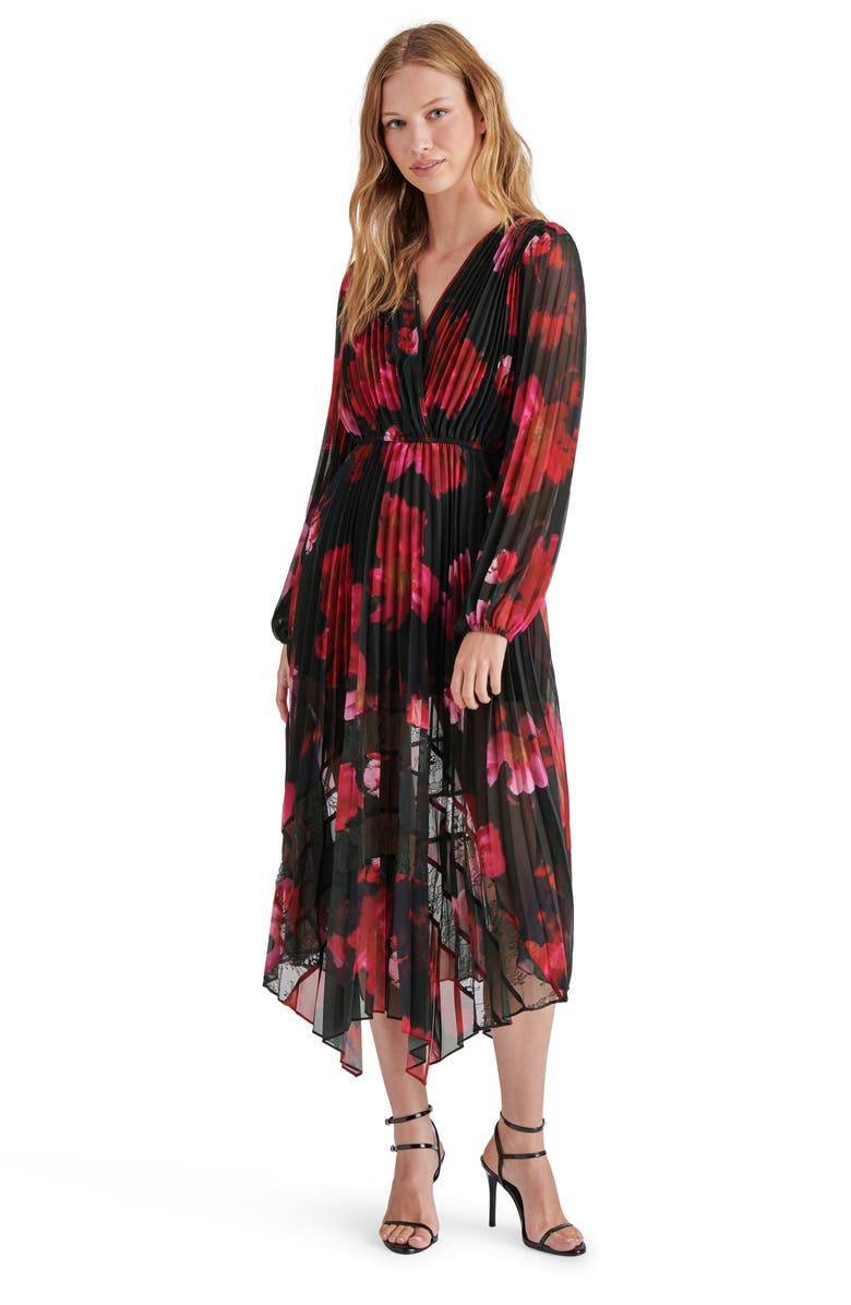 Steve Madden Ari Floral Pleated Long Sleeve Chiffon & Lace Dress, Alternate, color, Pink Multi