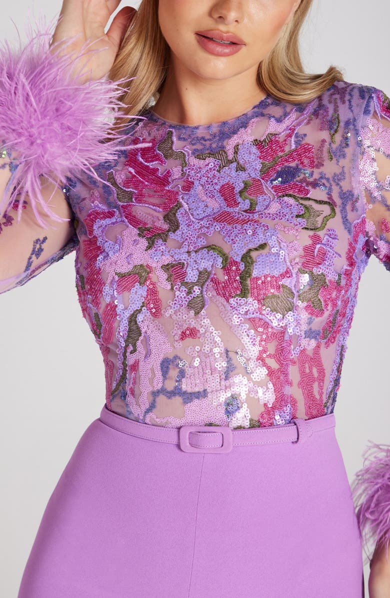 NADINE MERABI Michaela Ostrich & Turkey Feather Belted Long Sleeve Jumpsuit, Alternate, color, 