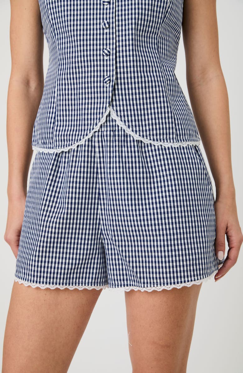 French Connection Gingham Lace Trim Shorts, Alternate, color, Navy/ White Gingham