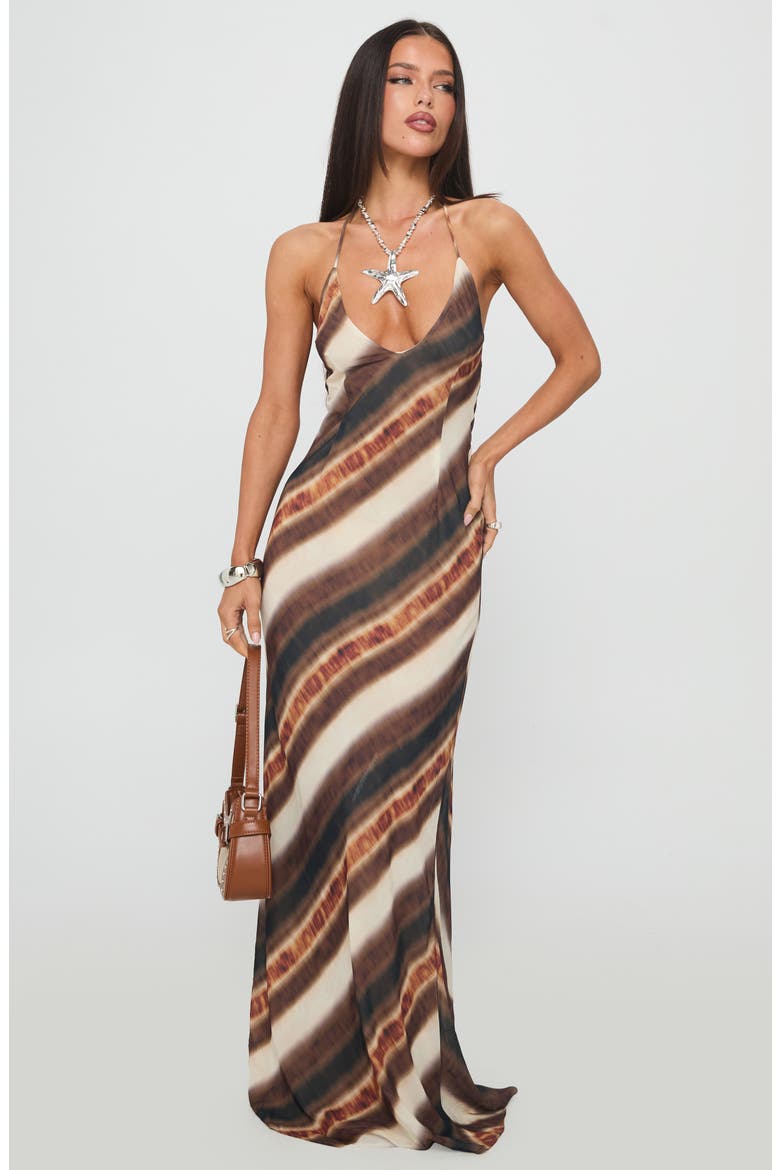 Esmira Plunge Halter Maxi Dress, Alternate, color, BROWN STRIPE