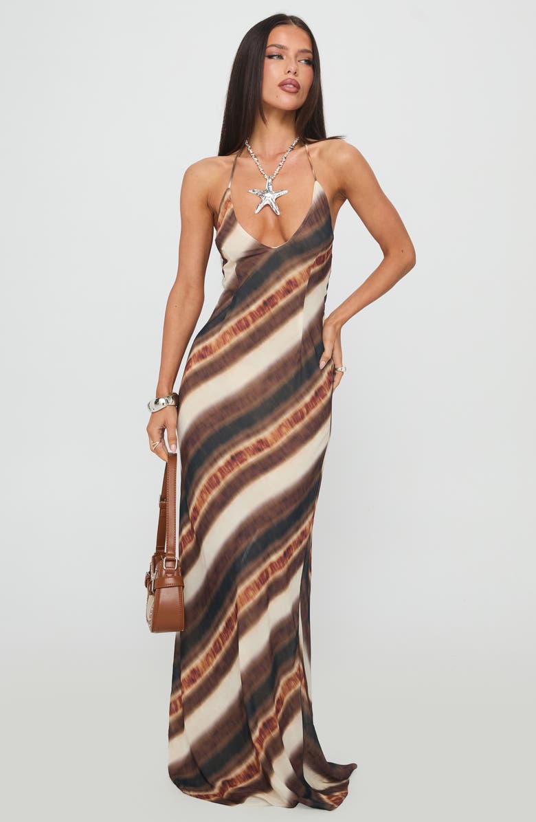 Princess Polly Esmira Plunge Halter Maxi Dress, Alternate, color, Brown Stripe