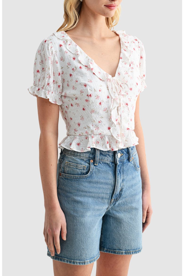 Ruffle Trim Tie Front Top, Alternate, color, CREAM RED DITSY