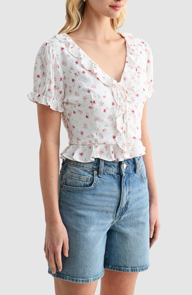 Lush Ruffle Trim Tie Front Top, Alternate, color, Cream Red Ditsy