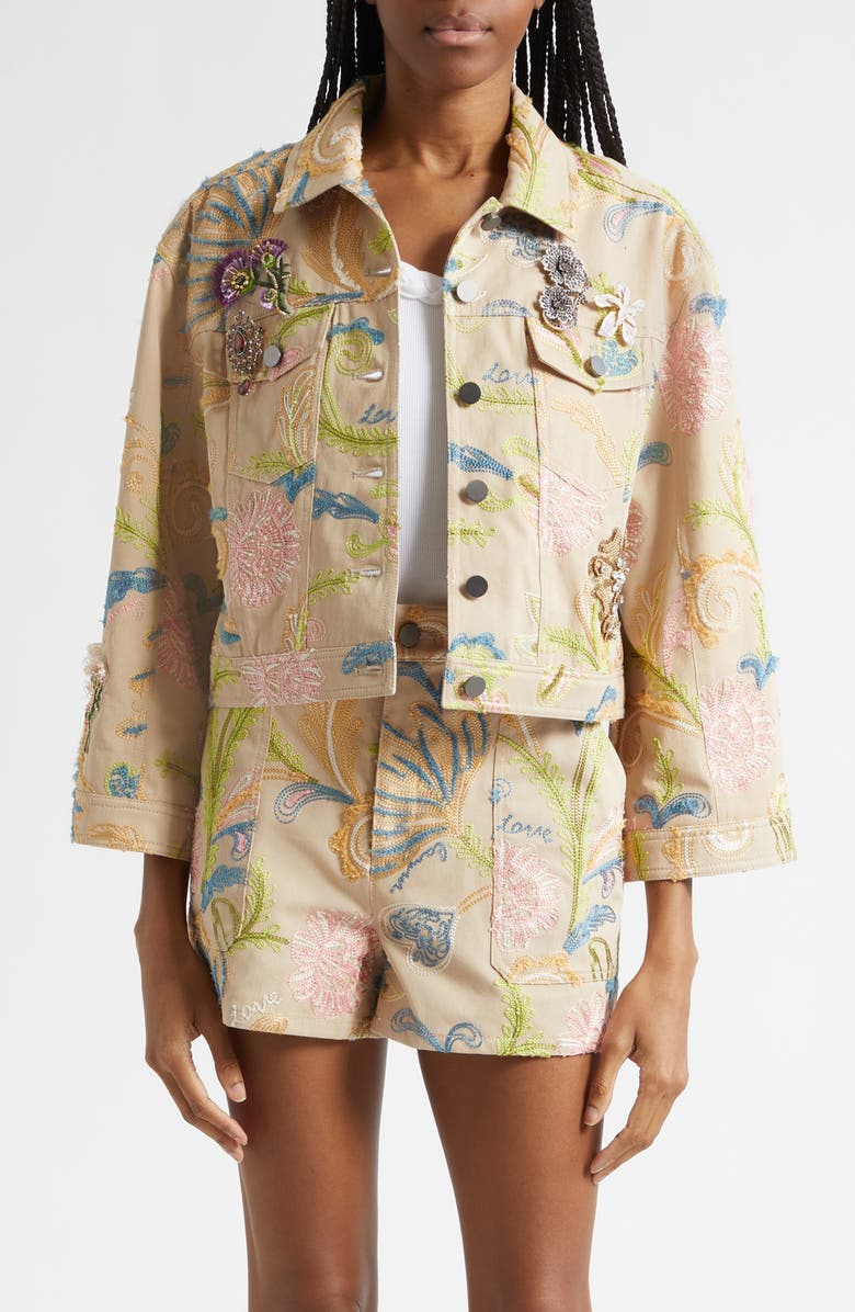 Cinq à Sept Addie Beaded Embroidered Detail Trucker Jacket, Main, color, Khaki Multi
