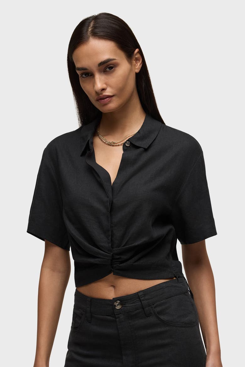 short sleeve knotted button down shirt, Alternate, color, black