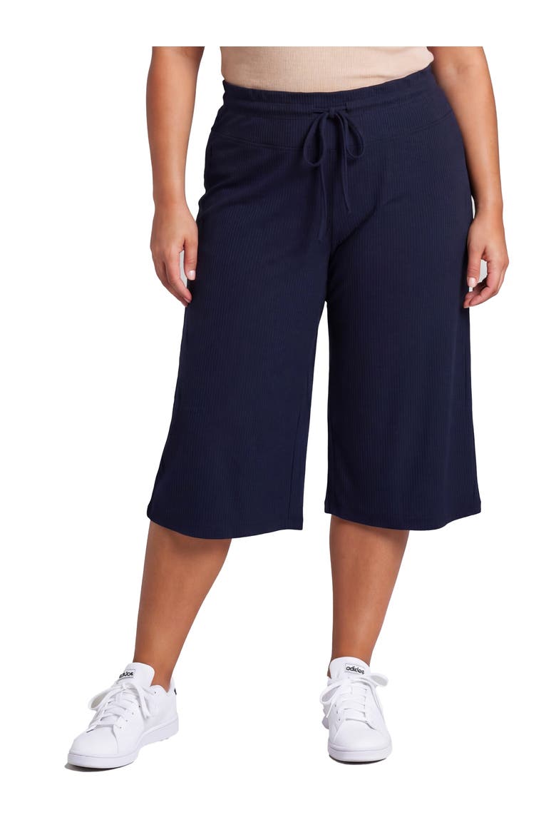 Curvy Basic Ribbed Knit Drawstring Flared Capri Pants, Main, color, Navy