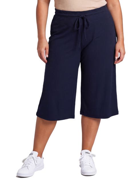 Curvy Basic Ribbed Knit Drawstring Flared Capri Pants