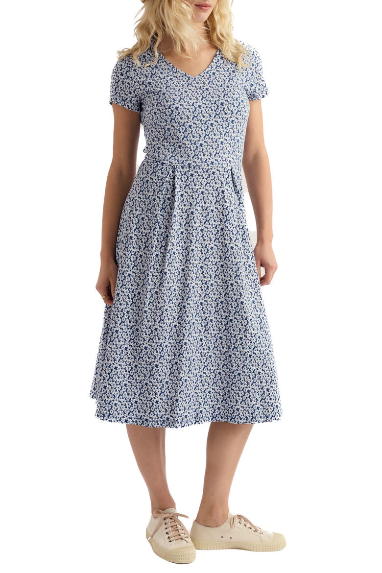 Pier View Floral Print Flare Stretch Organic Cotton Dress, Main, color, CORNFLOWERS DARK VOYAGE