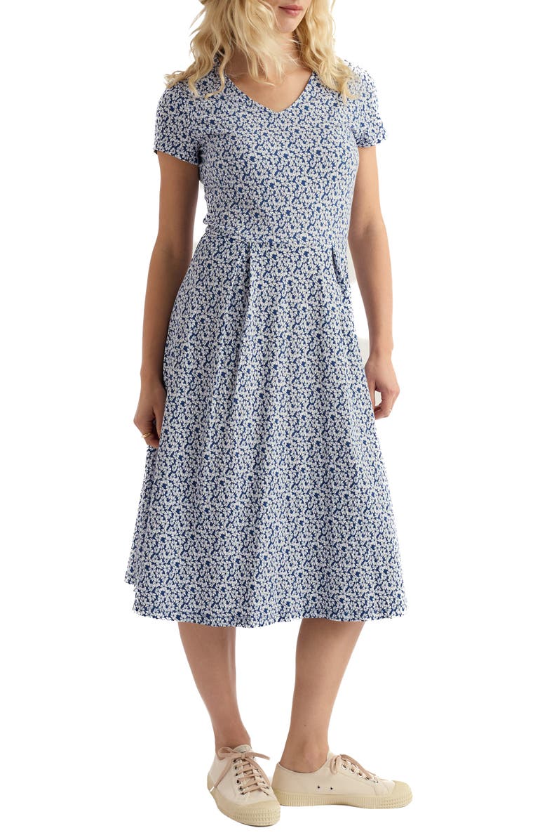 Seasalt Cornwall Pier View Floral Print Flare Stretch Organic Cotton Dress, Main, color, Cornflowers Dark Voyage