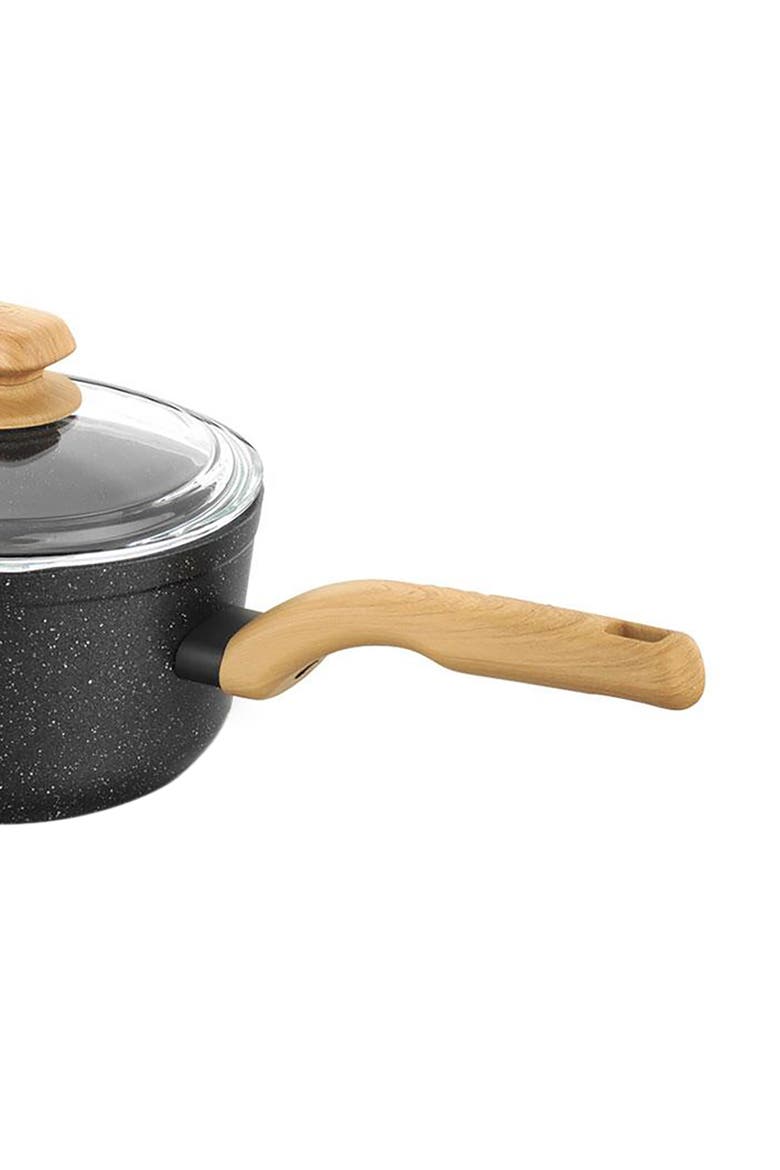 Montana 2 Piece 2 Liter Aluminum Nonstick Saucepan with Lid and Faux Wood Handles, Alternate, color, Black