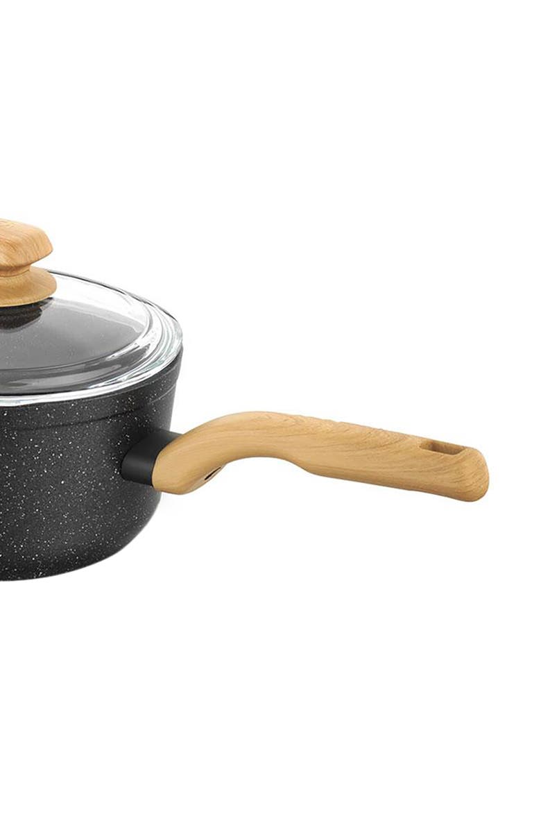 Korkmaz Montana 2 Piece 2 Liter Aluminum Nonstick Saucepan with Lid and Faux Wood Handles, Alternate, color, Black