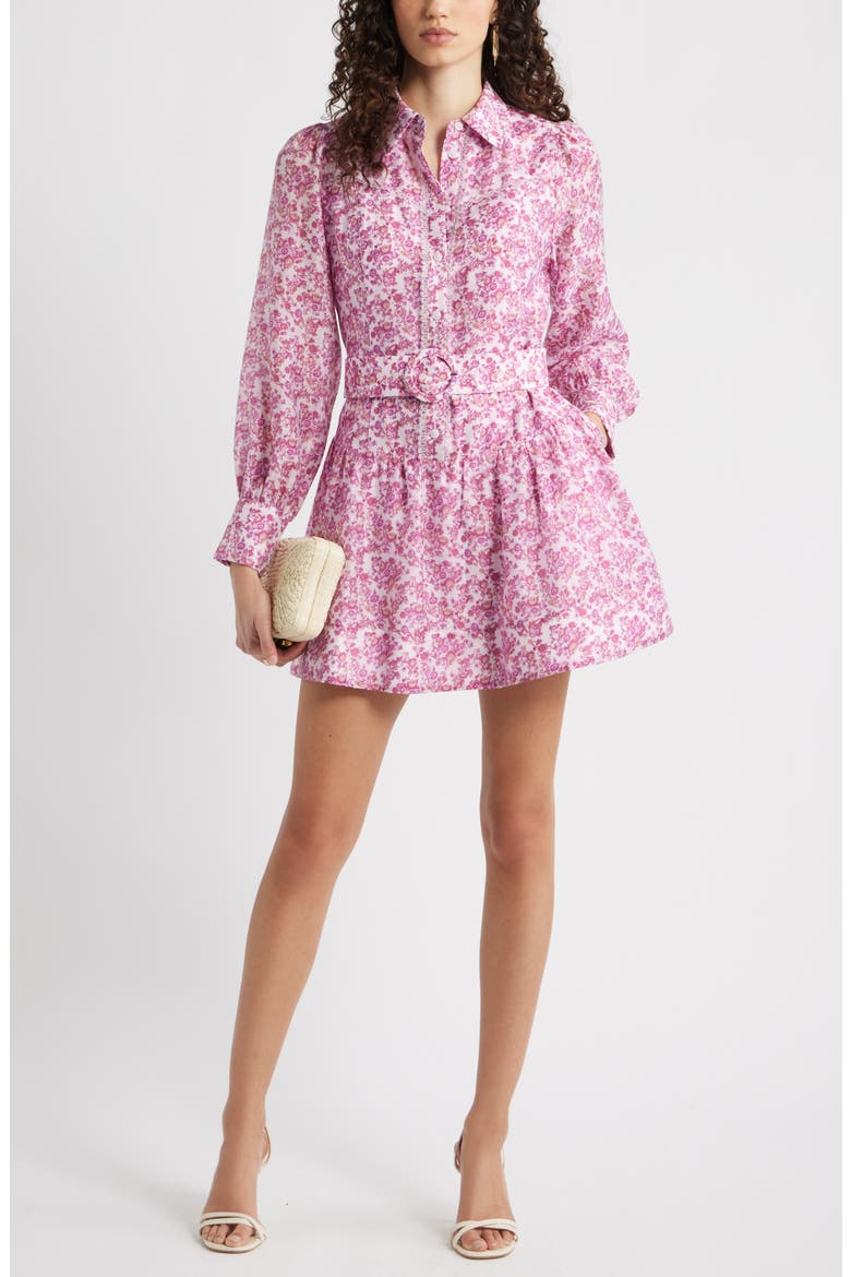 Lace Trim Belted Long Sleeve Mini Shirtdress, Main, color, MAGENTA SAVANNAH MEDALLION