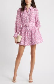 Chelsea28 Lace Trim Belted Long Sleeve Mini Shirtdress