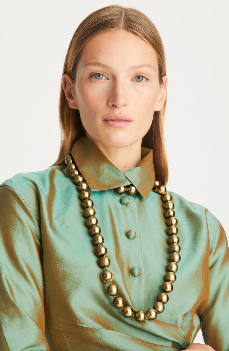 Tory Burch Imitation Pearl Convertible Necklace, Alternate, color, Rolled Gold/Green Gold