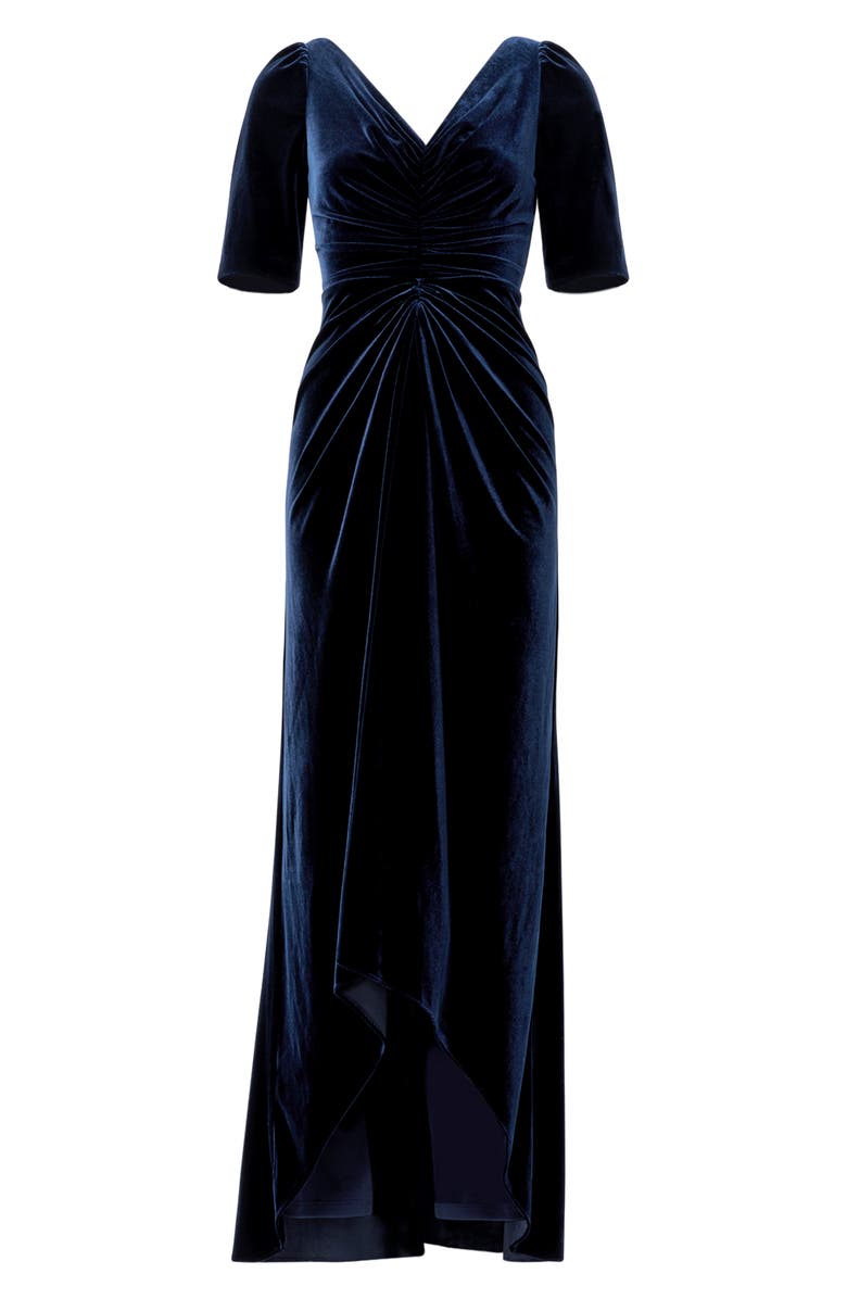 Adrianna Papell Ruched Velvet High-Low Gown, Alternate, color, Midnight