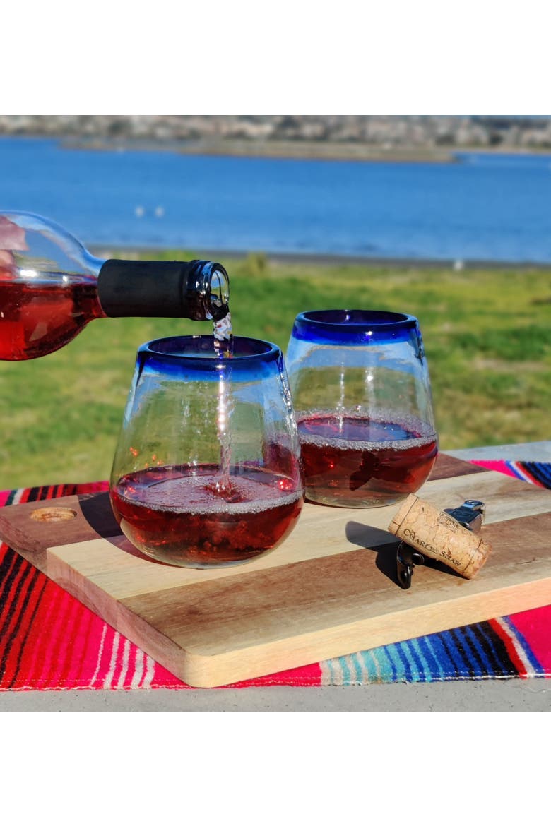 Hand Blown Stemless Wine Glasses - Set of 6, Alternate, color, Cobalt Rim