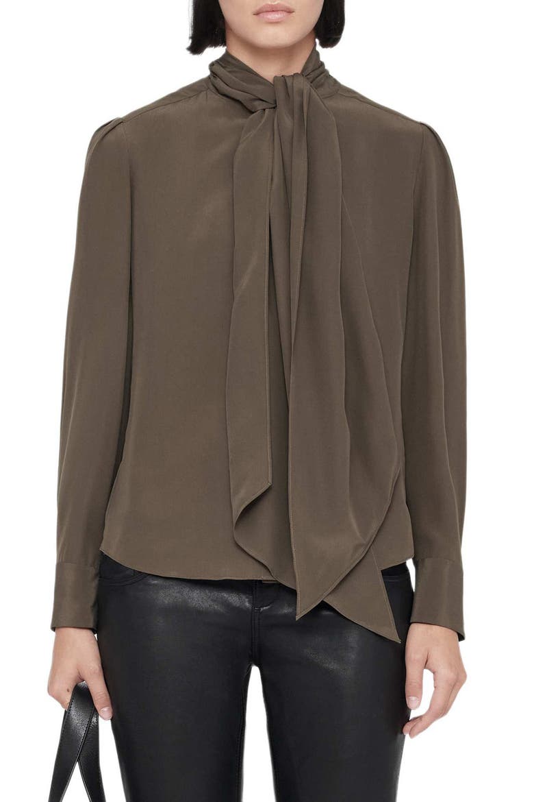 Iris Tie Neck Silk Shirt, Main, color, WASHED KHAKI