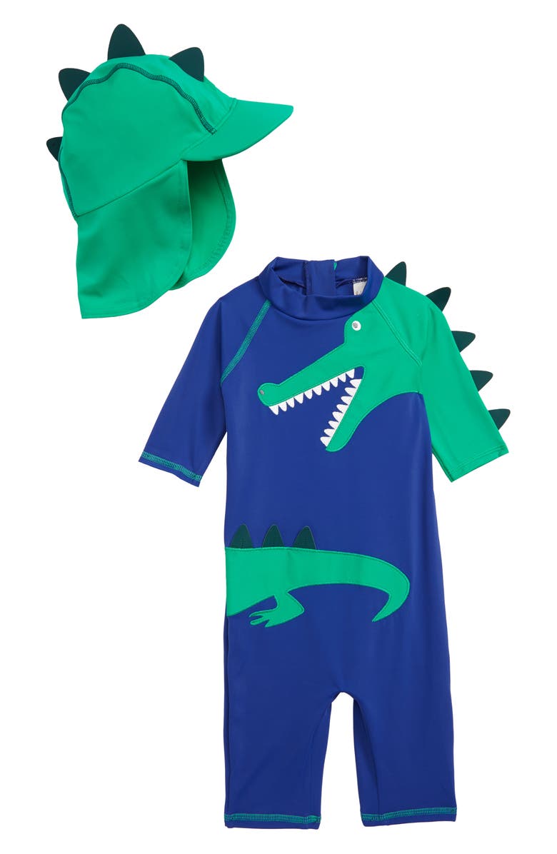 Mini Boden Dinosaur One-Piece Rashguard Swimsuit & Sun Hat Set, Main, color,