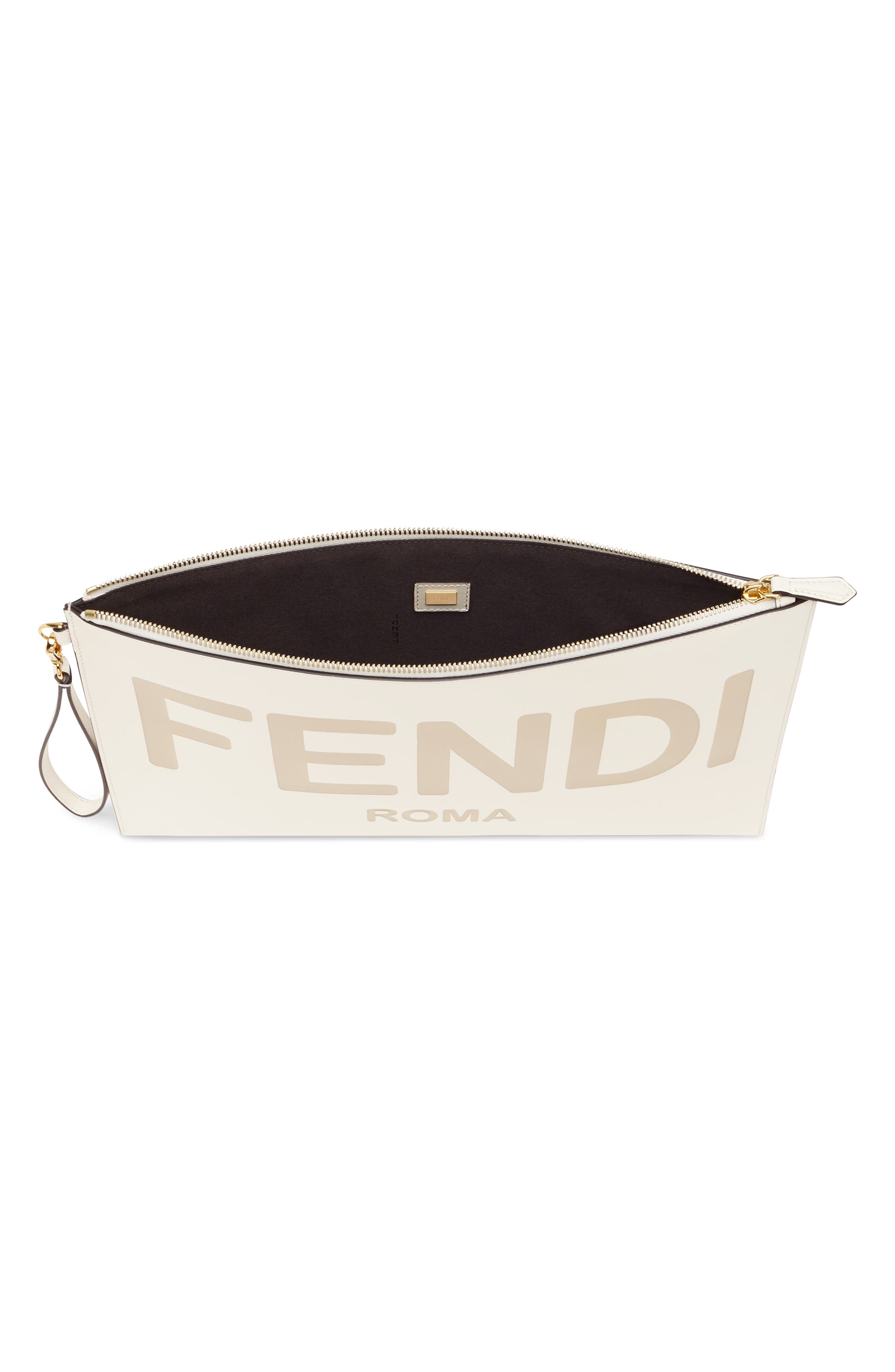 Fendi Logo Zip Leather Wristlet, Alternate, color, 