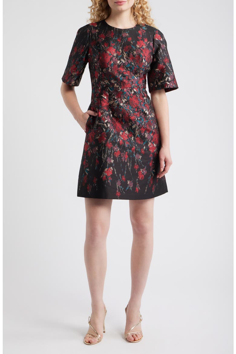 Metallic Floral Jacquard Elbow Sleeve Fit & Flare Dress, Main, color, RED