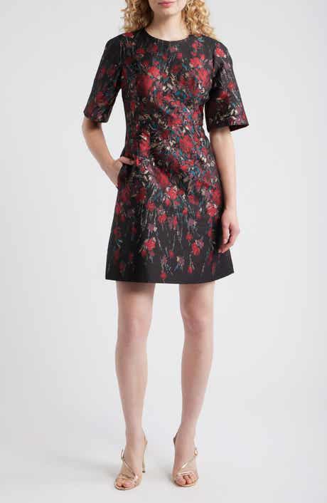 Vince Camuto Metallic Floral Jacquard Elbow Sleeve Fit & Flare Dress