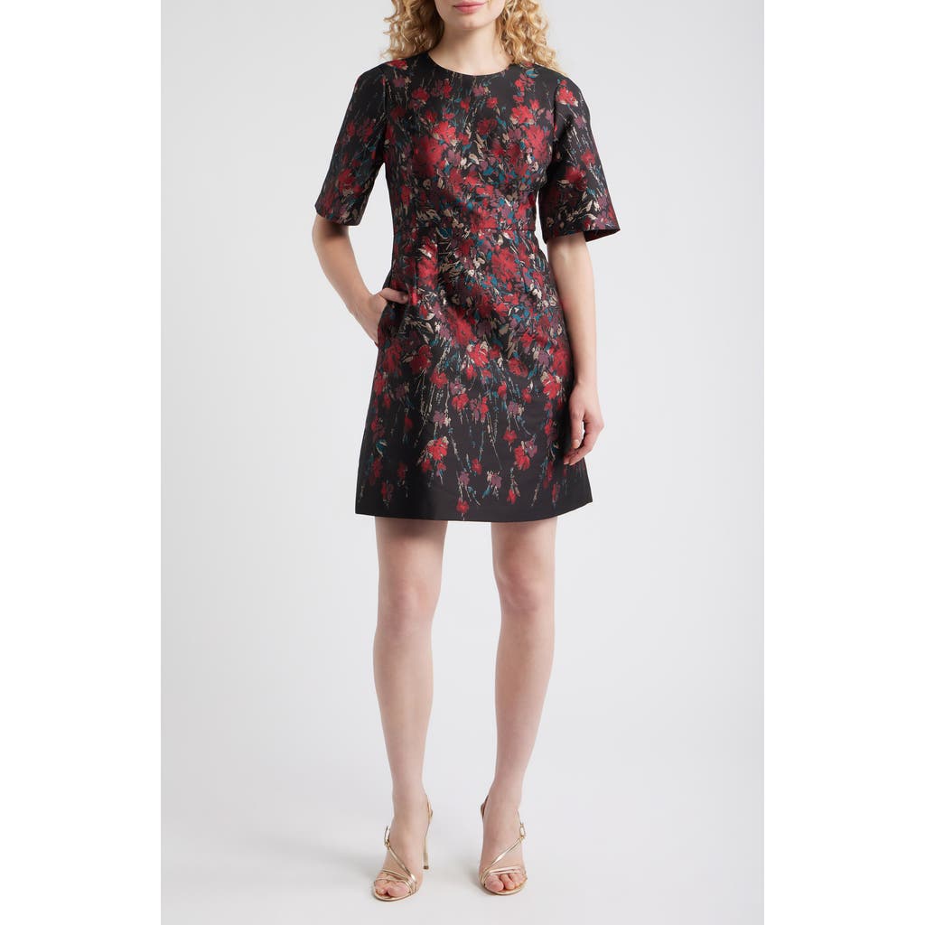 Vince Camuto Metallic Floral Jacquard Elbow Sleeve Fit & Flare Dress In Red