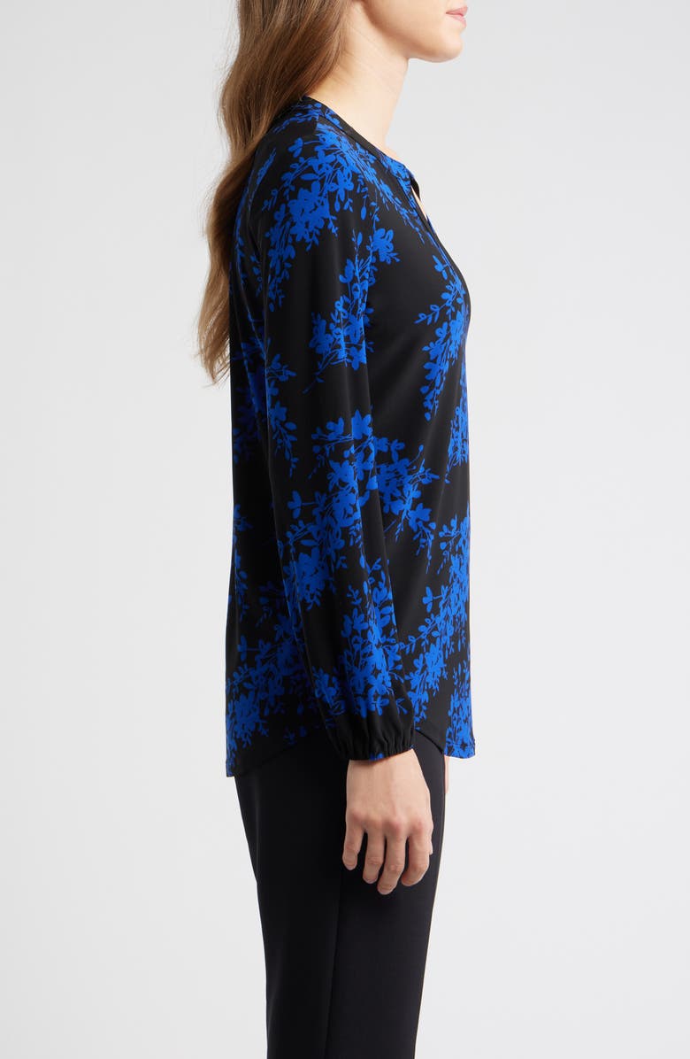 AK ANNE KLEIN Floral Print Split Neck Top, Alternate, color, Anne Black/ Empire Blue