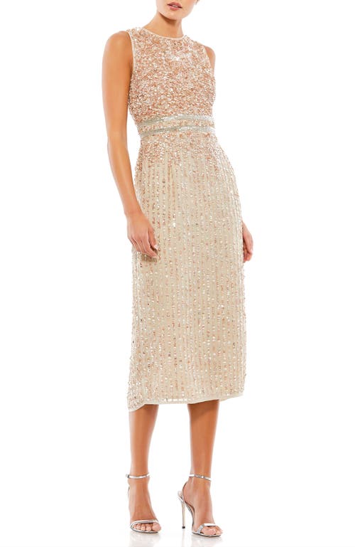 Mac Duggal Sleeveless High Neck Beaded Midi Sheath Dress In Nude